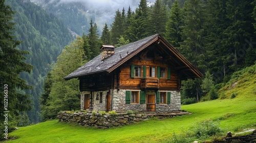 A charming wooden chalet with stone accents, set on a grassy hillside surrounded by dense, green forest in a peaceful mountain landscape. 