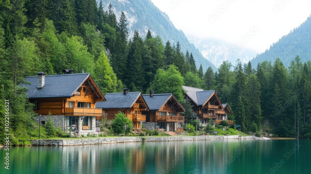 Fototapeta premium A serene mountain village with wooden cabins nestled along the edge of a crystal clear lake, surrounded by towering peaks and lush forest. 