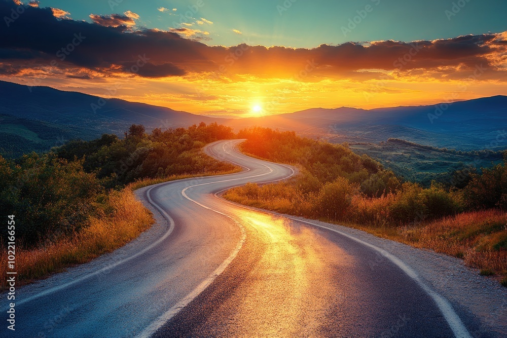 Fototapeta premium A winding road leads to a sunset. Perfect for travel, journey, or adventure themes.