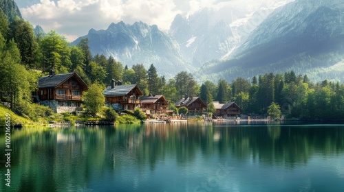 A serene mountain village with wooden cabins nestled along the edge of a crystal clear lake, surrounded by towering peaks and lush forest. 