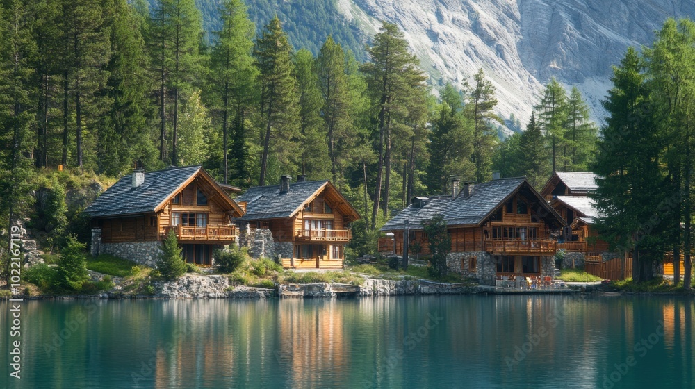 A serene mountain village with wooden cabins nestled along the edge of a crystal clear lake, surrounded by towering peaks and lush forest.
A serene mountain village with wooden cabins nestled along the edge of a crystal clear lake, surrounded by towering peaks and lush forest.