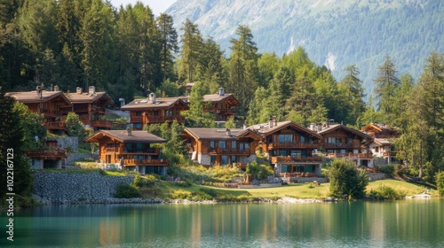 A serene mountain village with wooden cabins nestled along the edge of a crystal clear lake, surrounded by towering peaks and lush forest. 