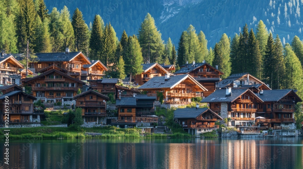 A serene mountain village with wooden cabins nestled along the edge of a crystal clear lake, surrounded by towering peaks and lush forest.
A serene mountain village with wooden cabins nestled along the edge of a crystal clear lake, surrounded by towering peaks and lush forest.
