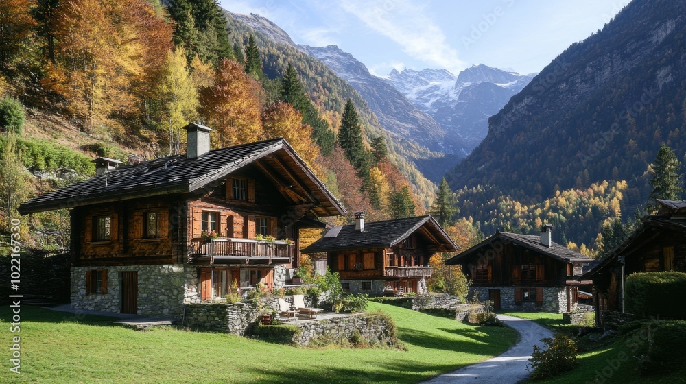 A series of wooden mountain chalets with stone foundations, set in a peaceful forest environment, surrounded by lush greenery and scenic views.
