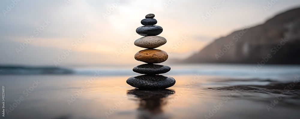 Stacked Stones on a Beach at Sunset. Stacked Stones on a Beach at Sunset.