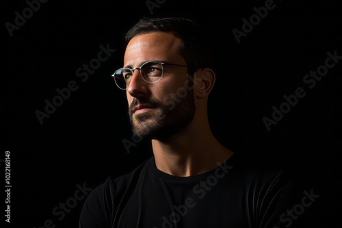 Portrait of a handsome bearded man in glasses on a black background