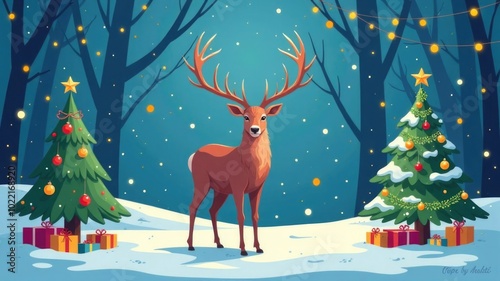 Majestic reindeer in snowy forest with decorated christmas trees and gifts, celebrating the holiday season of merry christmas and happy new year