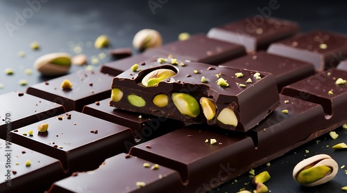 Close up of a dark Dubai chocolate bar with a bite taken from it against a blurred background, the chocolate bar is stuffed with a thick layer of pistachio filling that seeps out the sides (4) photo