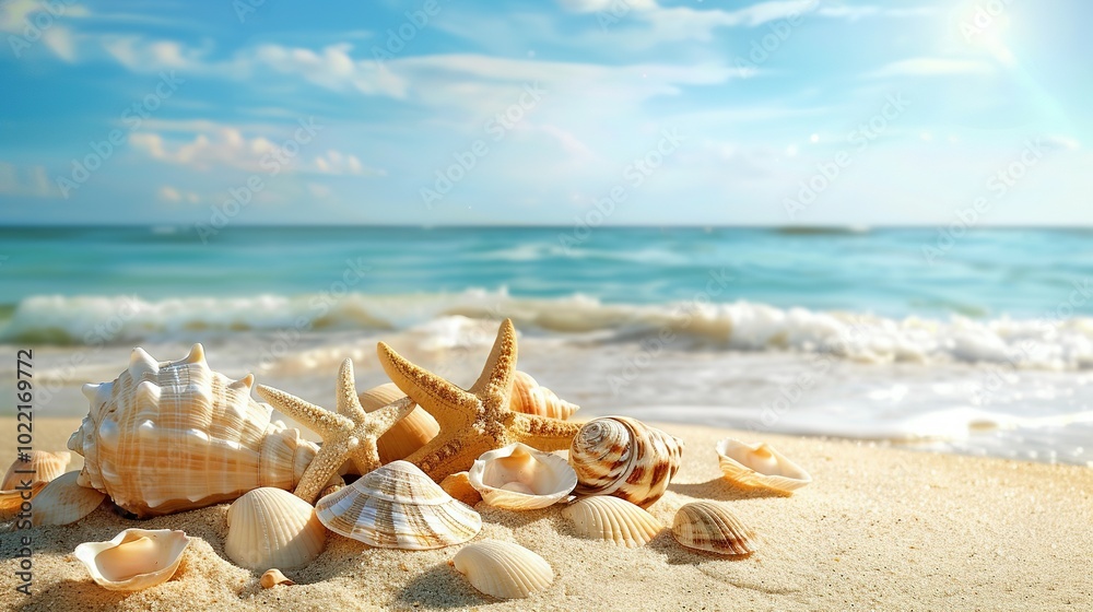 Seashells and Starfish on a Sandy Beach with a Blue Ocean Background Seashells and Starfish on a Sandy Beach with a Blue Ocean Background