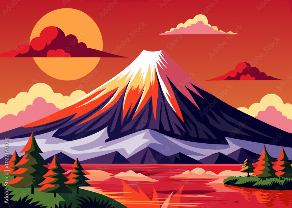 Mt Fuji vector art, Ukiyo-E style Mt Fuji vector art, Ukiyo-E style