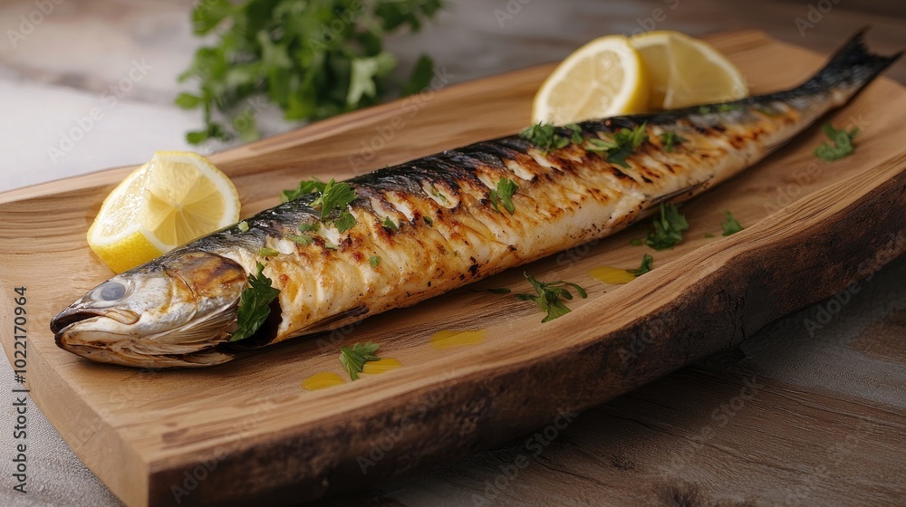 Grilled Fish with Lemon and Herbs on Wooden Plate Grilled Fish with Lemon and Herbs on Wooden Plate