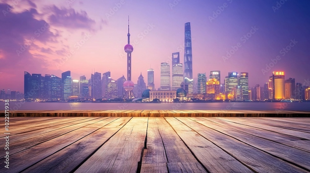 Naklejka premium Scenic Shanghai Skyline at Dusk with Wooden Deck View