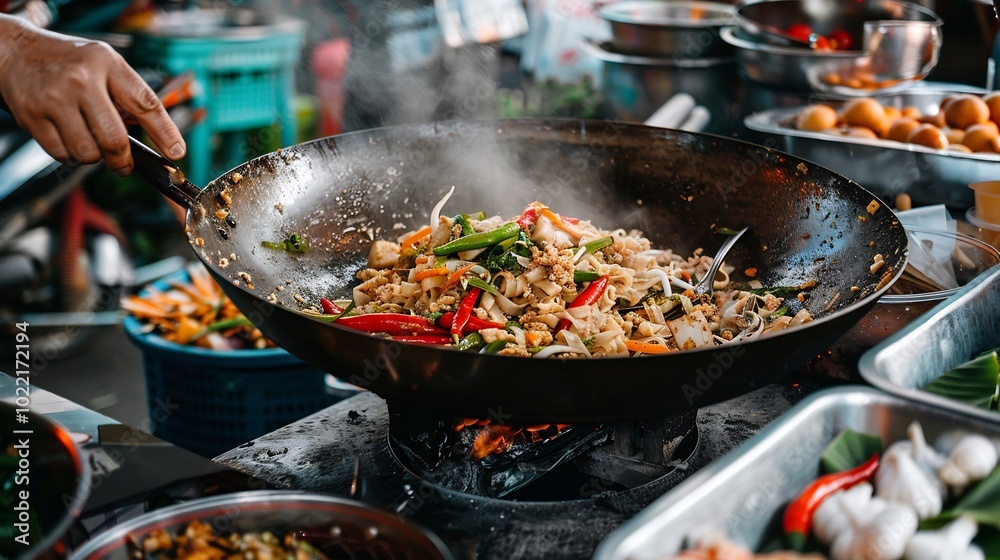 Thai street vendor cooking pad see ew in a large wok with fresh ingredients laid out and a lively market in the background Thai street vendor cooking pad see ew in a large wok with fresh ingredients laid out and a lively market in the background