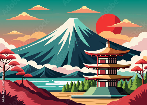 Mt Fuji vector art, Ukiyo-E style
