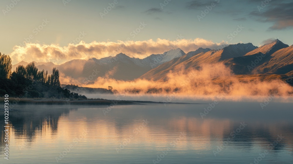 Fototapeta premium Serene Mountain Lake at Sunrise with Mist