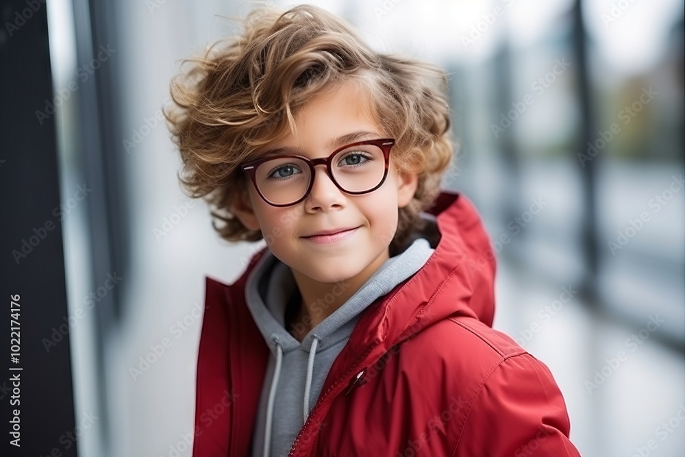 Portrait of cute little boy in red jacket and eyeglasses Portrait of cute little boy in red jacket and eyeglasses