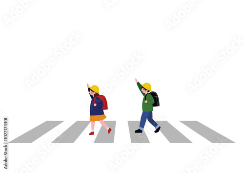 手を上げて横断歩道渡る小学生のイラスト
