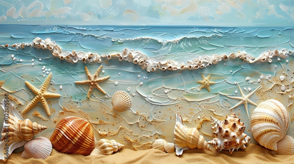 Seashells and Starfish on a Beach with a Painted Ocean Wave Seashells and Starfish on a Beach with a Painted Ocean Wave