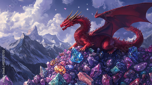 Atop a mountain of gemstones, a red dragon hoards its treasures amidst a landscape of shimmering jewels. Dragons Hoard. Illustration