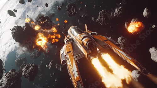 Fototapeta Naklejka Na Ścianę i Meble -  B'a spaceship is flying in space and there are rocks and an explosion in the background'. Starfighter Battle. Illustration