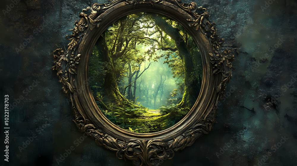 Obraz premium An enchanted mirror reflecting an ancient mystical forest serving as a window to hidden magical realms. Enchanted Mirror. Illustration