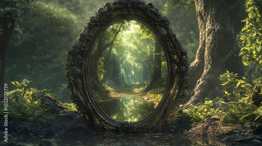 Obraz premium An enchanted mirror reflecting an ancient mystical forest serving as a window to hidden magical realms. Enchanted Mirror. Illustration