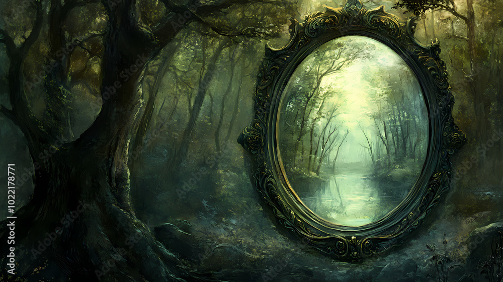 Obraz premium An enchanted mirror reflecting an ancient mystical forest serving as a window to hidden magical realms. Enchanted Mirror. Illustration
