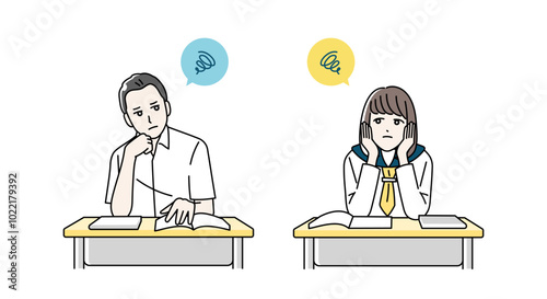 勉強中に悩んでいる高校生の男女のイラスト