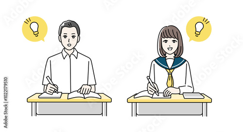 机に向かって勉強をする高校生の男女のイラスト