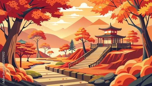 Fall foliage, maple trees, Ukiyo-E style