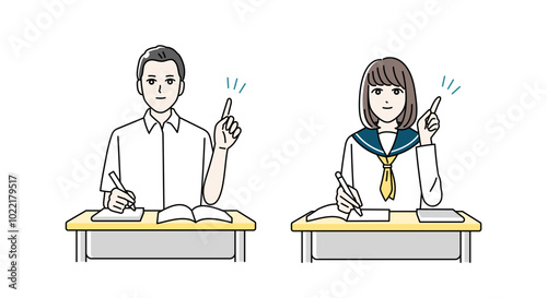 机に向かってOKサインをする高校生の男女のイラスト