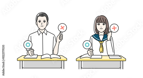 まるばつ札をあげる高校生の男女のイラスト