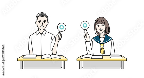 まるばつ札をあげる高校生の男女のイラスト
