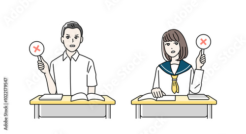 まるばつ札をあげる高校生の男女のイラスト