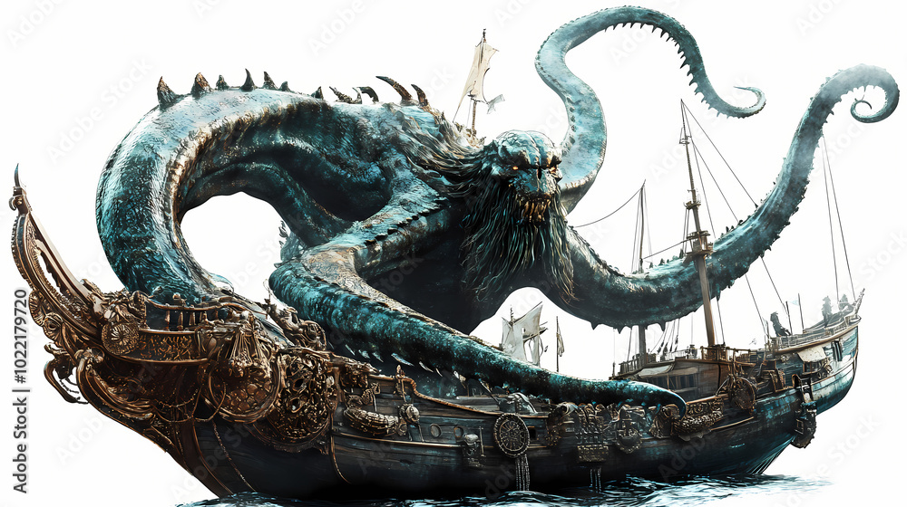 Ancient kraken on a ship isolated in white background. Giant Kraken. Illustration Ancient kraken on a ship isolated in white background. Giant Kraken. Illustration