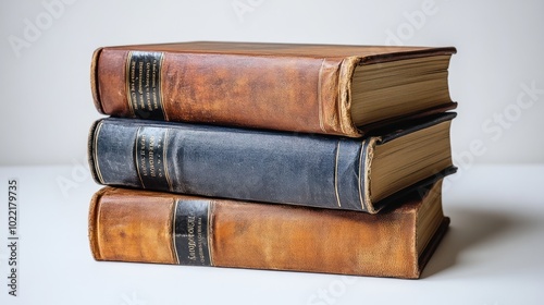 Three stacked vintage books with leather covers on a table.