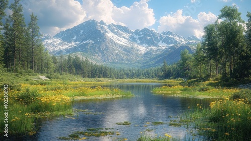 Serene mountain landscape with a tranquil lake and blooming flowers.