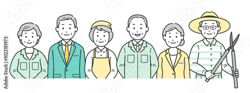 高齢者男女のセカンドライフの仕事いろいろの上半身イラスト
