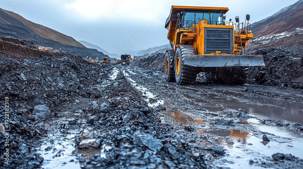 Heavy machinery operating in a muddy industrial landscape. Heavy machinery operating in a muddy industrial landscape.