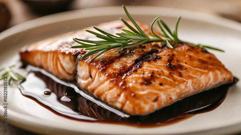 a delicate seared salmon fillet elegantly plated on fine china, garnished with a sprig of rosemary and a swirl of balsamic glaze a delicate seared salmon fillet elegantly plated on fine china, garnished with a sprig of rosemary and a swirl of balsamic glaze