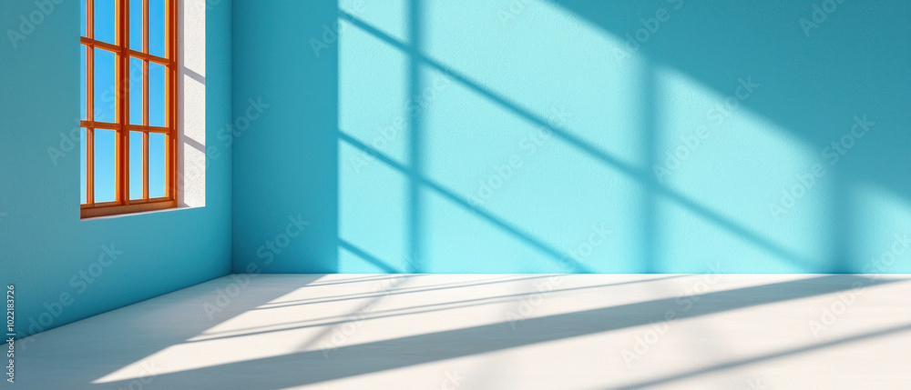 Bright blue wall with window shadows creating serene atmosphere. Bright blue wall with window shadows creating serene atmosphere.