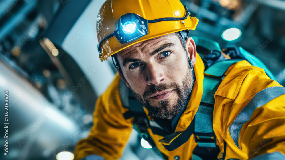 Fototapeta premium focused male worker in yellow safety helmet and jacket, equipped with headlamp, showcases determination in professional environment. His expression reflects concentration and readiness for task