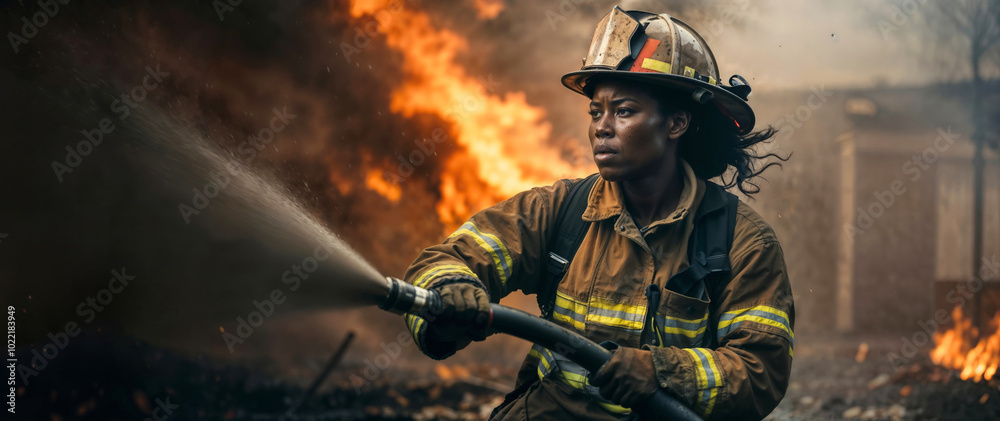 Fototapeta premium Serious African American female firefighter in action, woman spraying water from fire hose and extinguishing a blaze outdoors, fire and smoke behind her. Panoramic horizontal banner with copy space