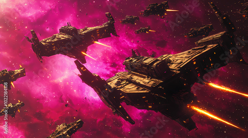 Epic space battle near a nebula with starfighters and cruisers. Starfighter Battle. Illustration photo