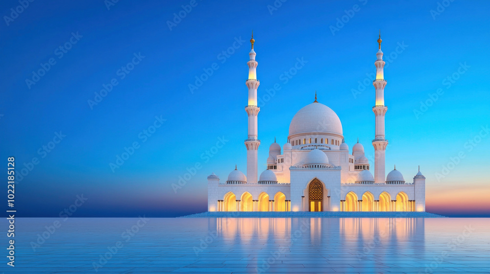 Naklejka premium Majestic mosque standing tall with glowing minarets against serene sky.