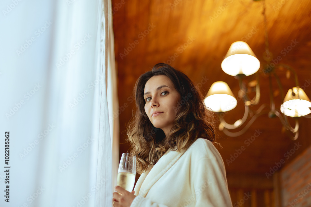 Young woman in robe holding glass of sparkling wine in front of lit window in cabin Young woman in robe holding glass of sparkling wine in front of lit window in cabin