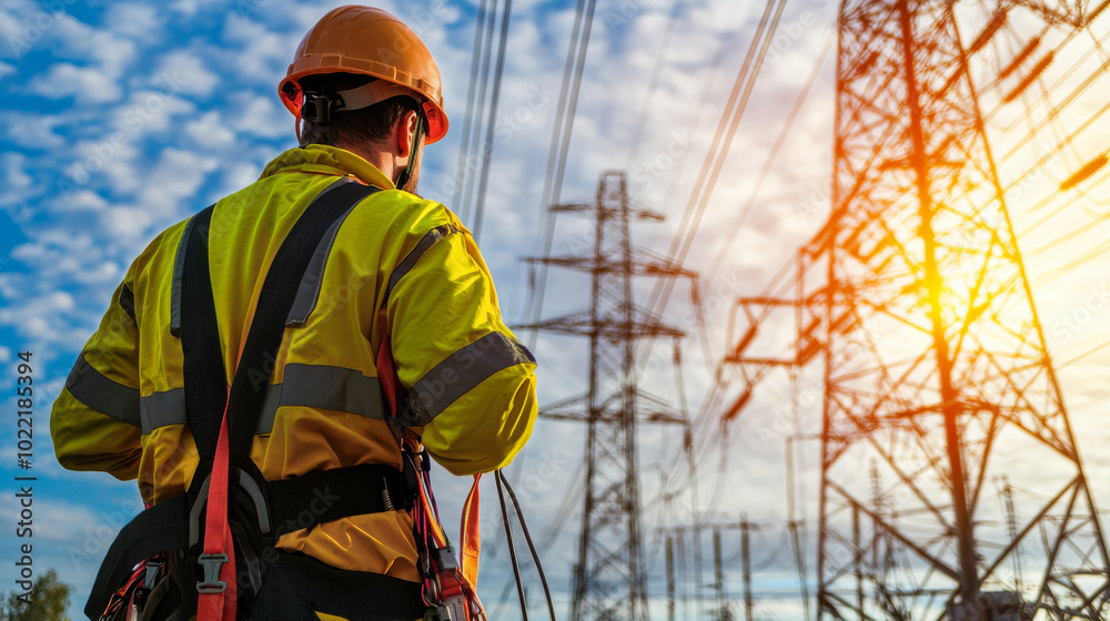 worker in safety helmet and reflective jacket stands near high voltage power lines, observing infrastructure against backdrop of vibrant sunset. scene conveys sense of diligence and responsibility in worker in safety helmet and reflective jacket stands near high voltage power lines, observing infrastructure against backdrop of vibrant sunset. scene conveys sense of diligence and responsibility in