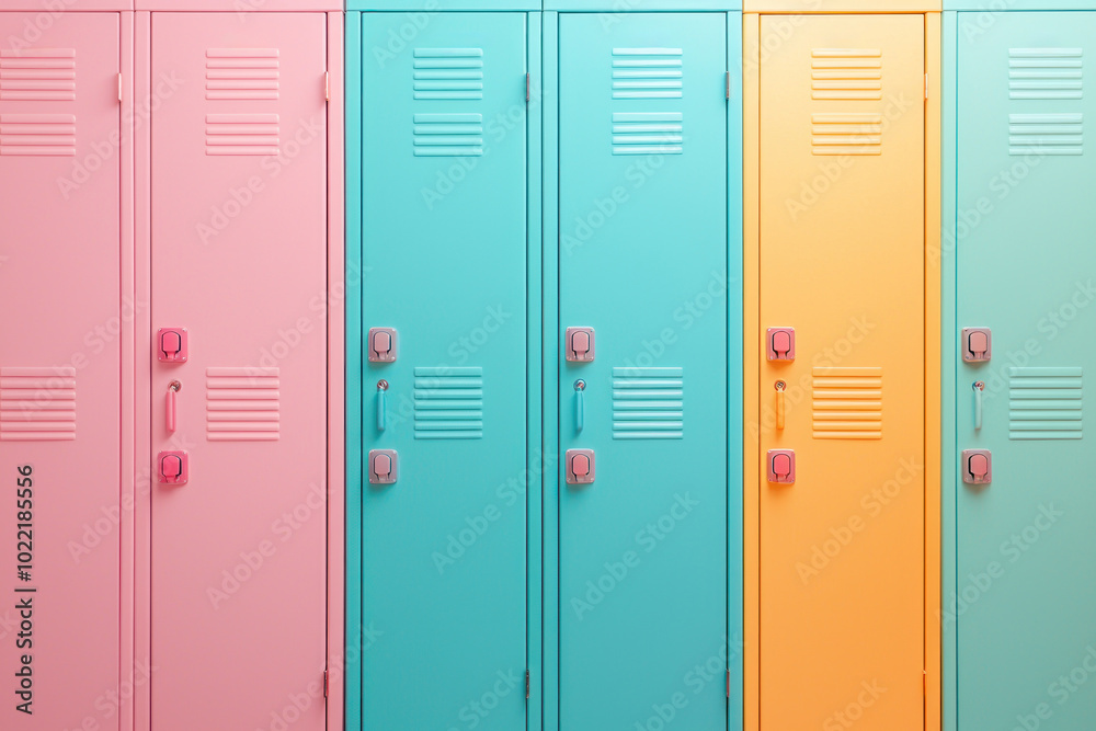 Vibrant pastel school lockers in pink, blue, and orange create cheerful atmosphere.