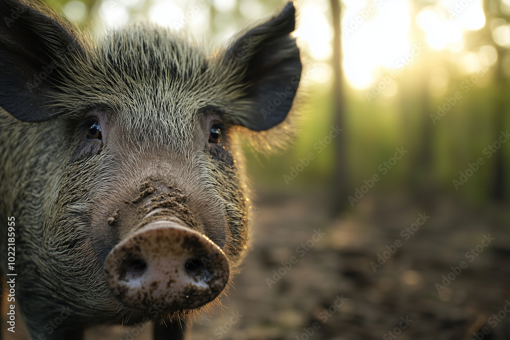 Wild Boar Face Close-Up in a Forest, rugged fur with mud patches, intense gaze, blurred forest background, morning sunlight, detailed wildlife photography. Wild Boar Face Close-Up in a Forest, rugged fur with mud patches, intense gaze, blurred forest background, morning sunlight, detailed wildlife photography.