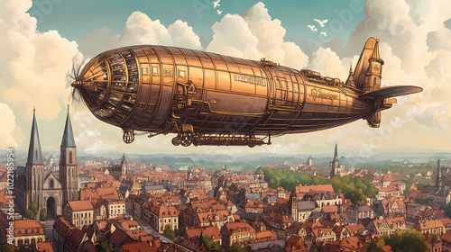 Detailed illustration of a large steampunk airship floating above a historical european cityscape under a cloud-filled sky. Steampunk Airship. Illustration photo